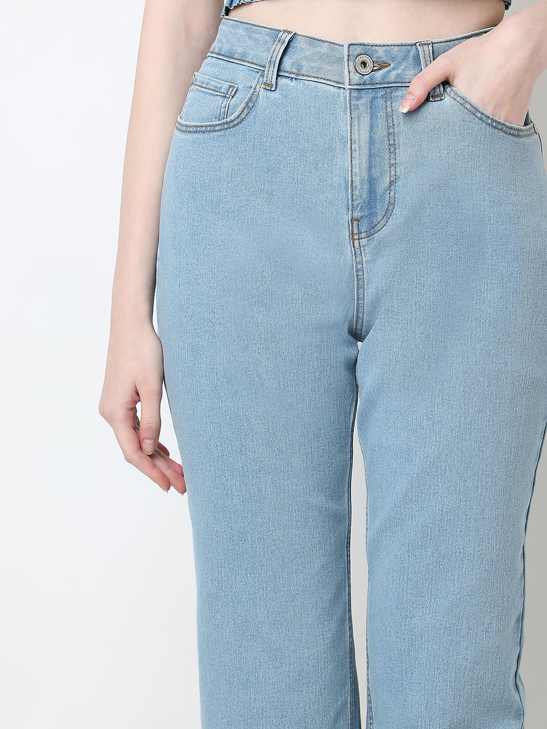 Light Blue Mid Rise Straight Fit Jeans