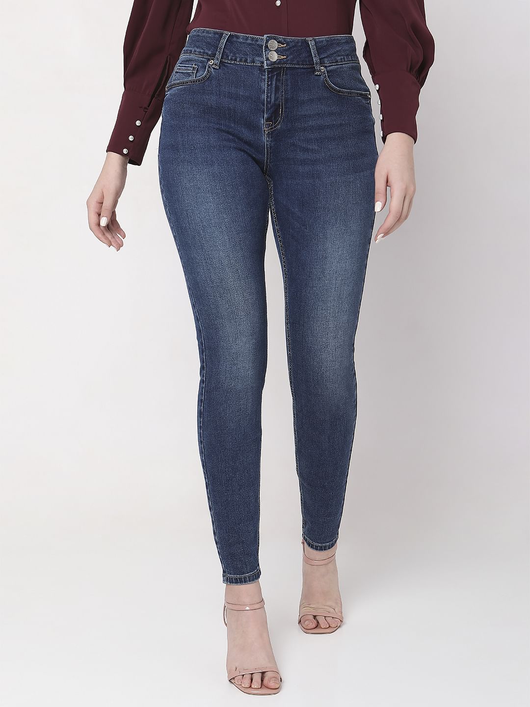 Dark Blue Mid Rise Ankle Length Slim Jeans