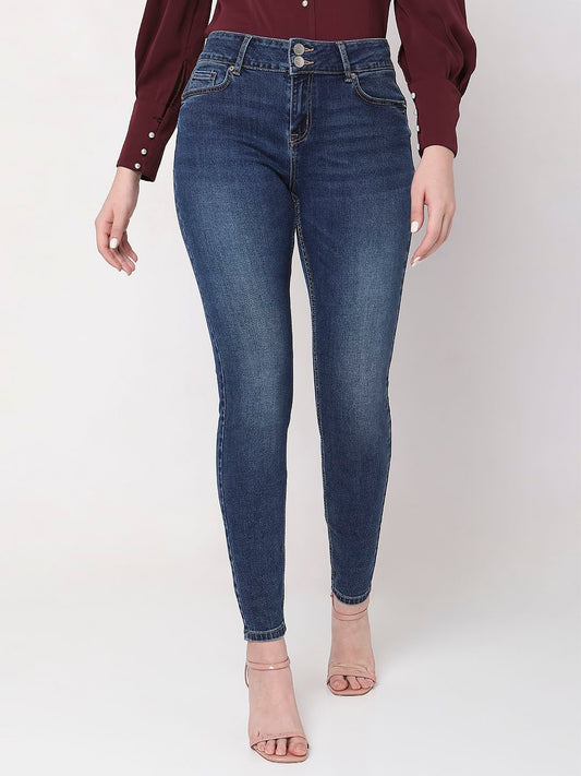 Dark Blue Mid Rise Ankle Length Slim Jeans