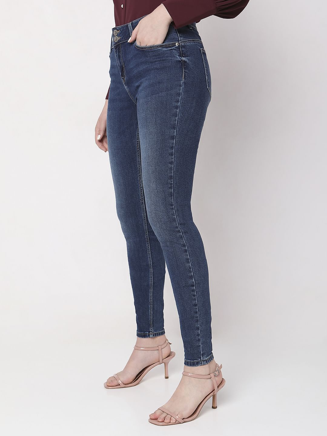 Dark Blue Mid Rise Ankle Length Slim Jeans