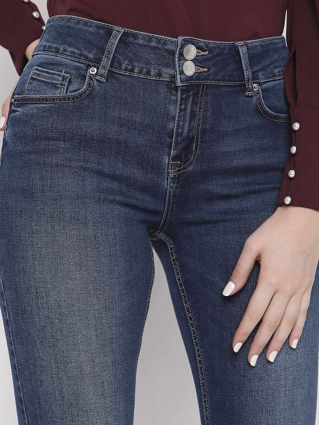 Dark Blue Mid Rise Ankle Length Slim Jeans