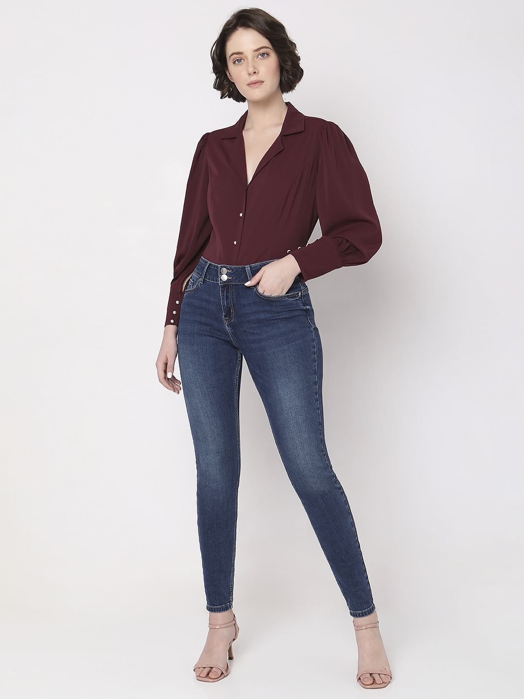 Dark Blue Mid Rise Ankle Length Slim Jeans