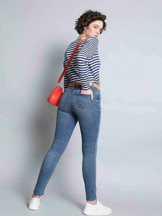Blue Mid Rise Mildly Distressed Slim Jeans
