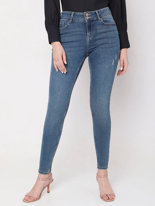 Blue Mid Rise Mildly Distressed Slim Jeans