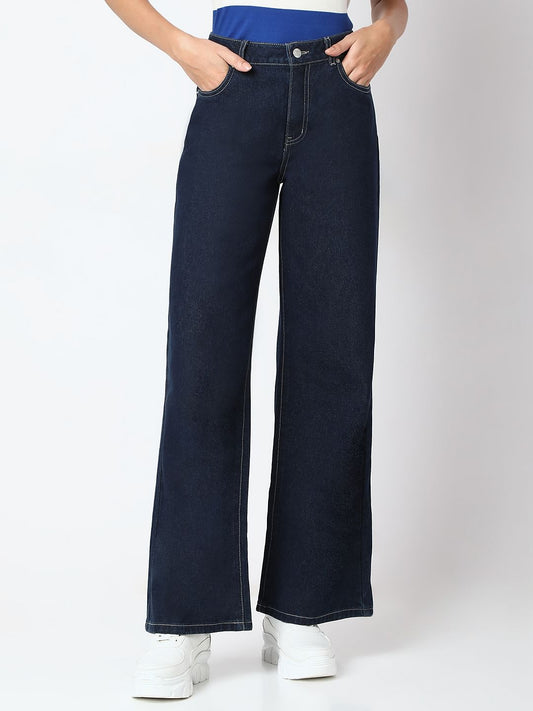 Dark Blue Wide Leg High Rise Jeans