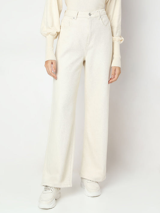 Ecru High Rise Wide Leg Jeans