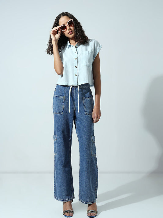 Blue Mid Rise Wide Leg Cargo Jeans