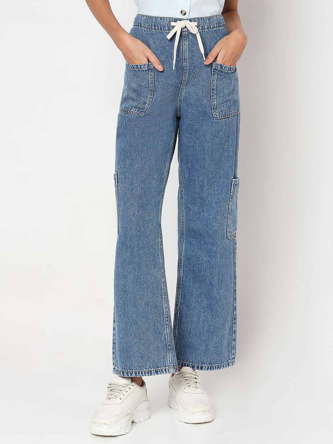 Blue Mid Rise Wide Leg Cargo Jeans