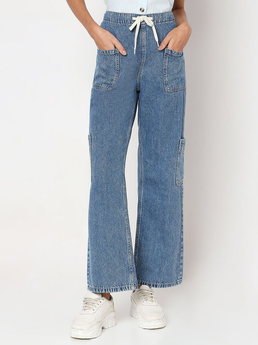 Blue Mid Rise Wide Leg Cargo Jeans