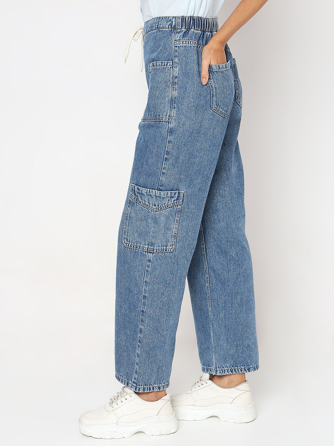 Blue Mid Rise Wide Leg Cargo Jeans