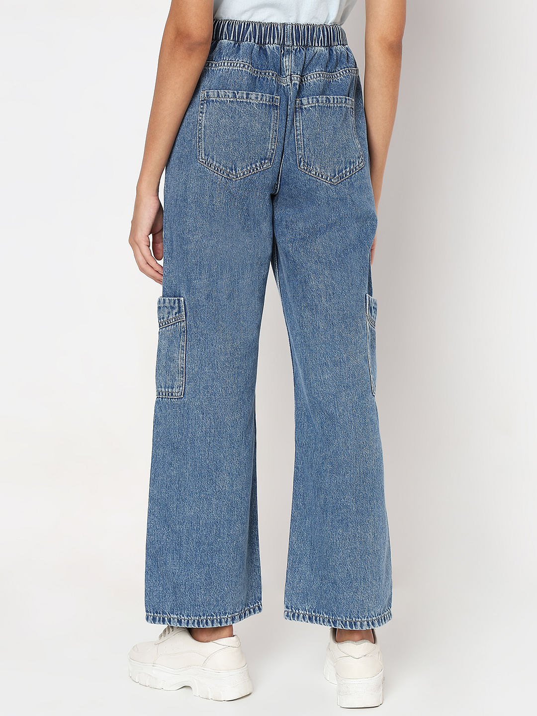 Blue Mid Rise Wide Leg Cargo Jeans