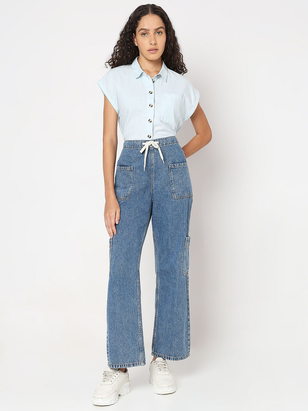 Blue Mid Rise Wide Leg Cargo Jeans