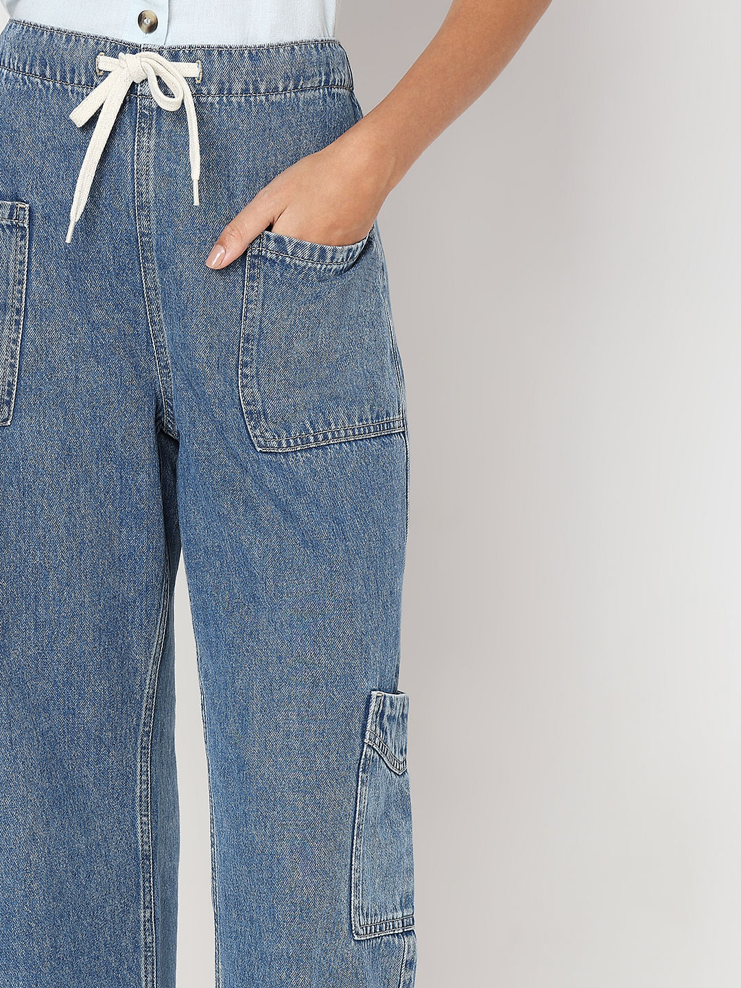 Blue Mid Rise Wide Leg Cargo Jeans