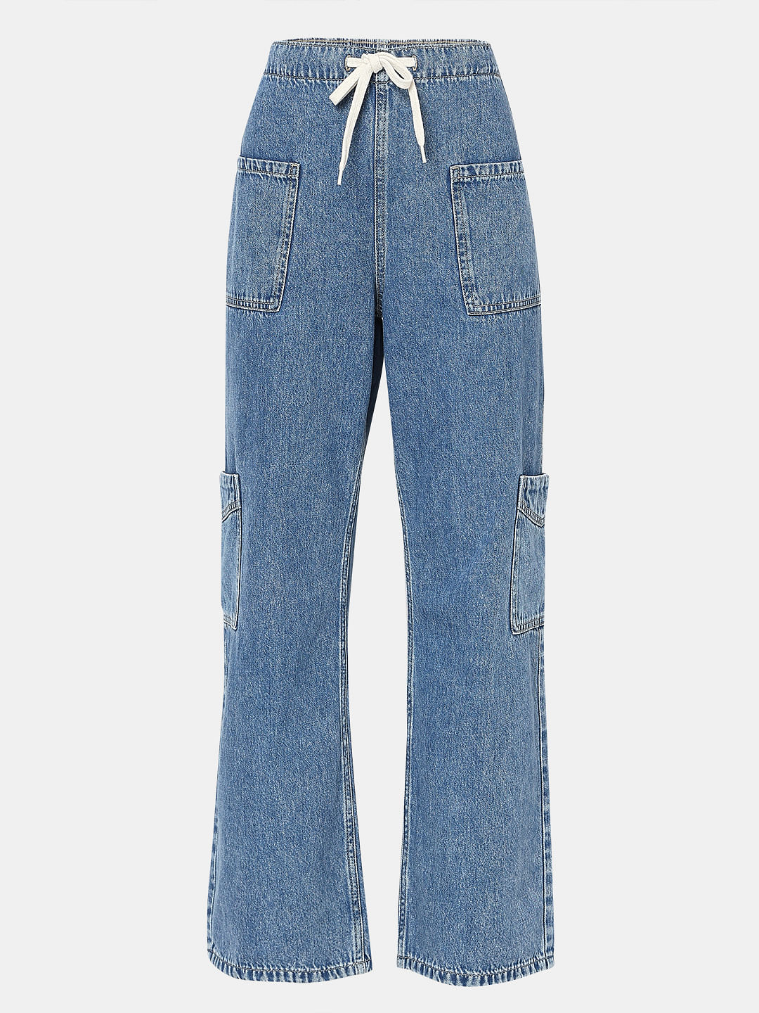 Blue Mid Rise Wide Leg Cargo Jeans