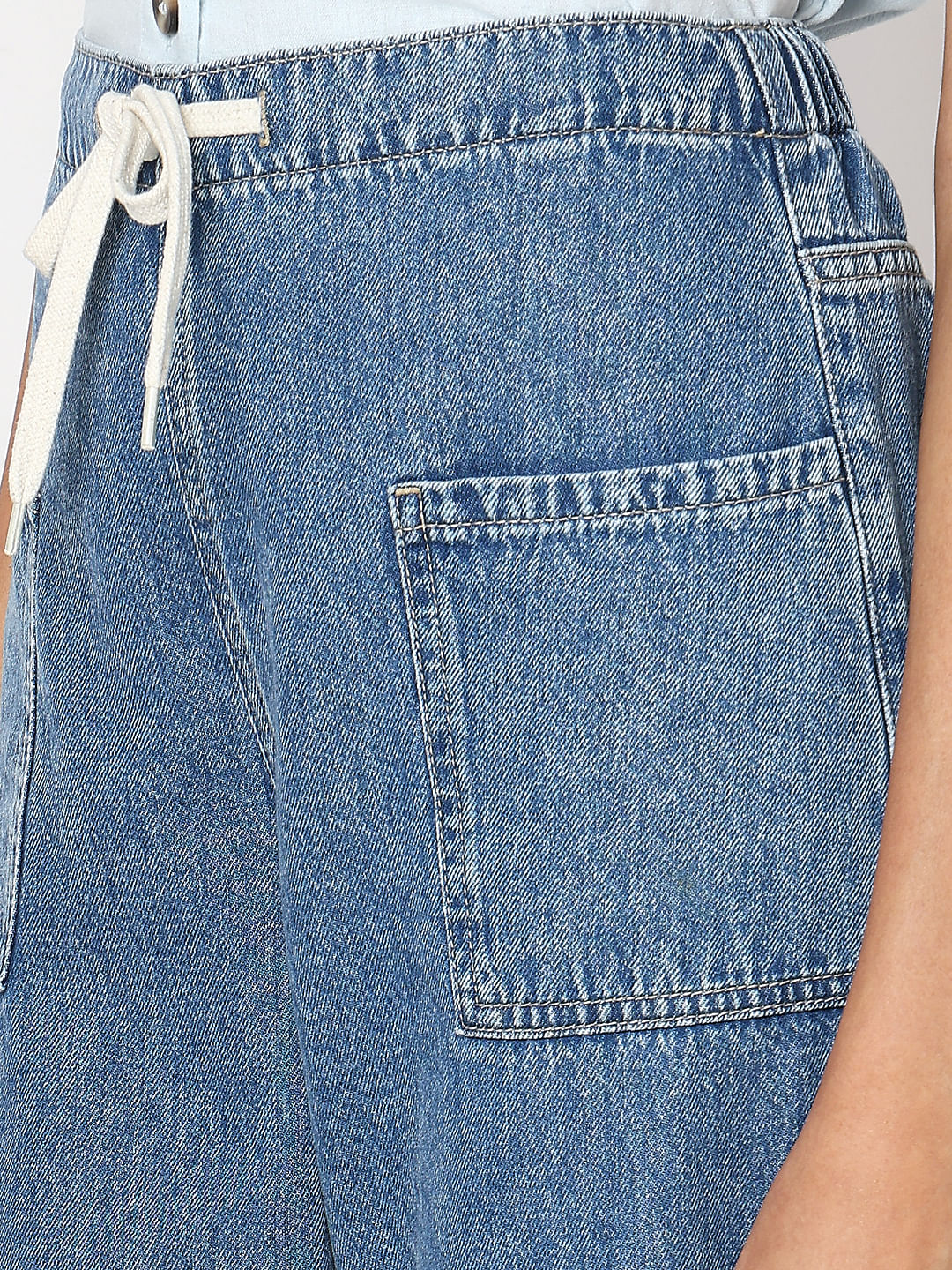 Blue Mid Rise Wide Leg Cargo Jeans