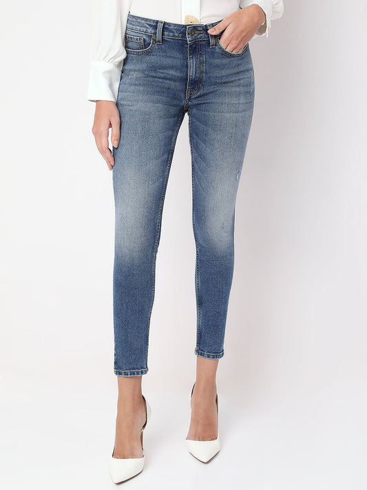Blue Mid Rise Distressed Skinny Fit Jeans