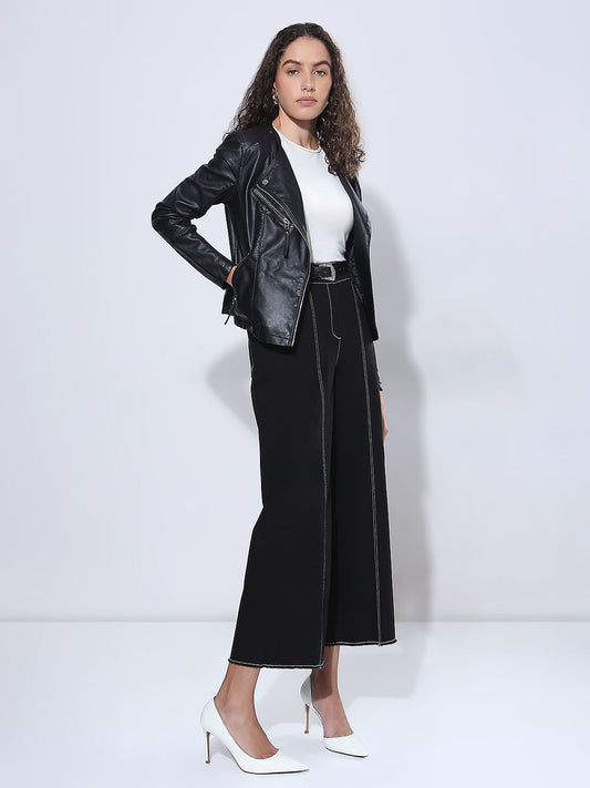 Black Wide Leg Stich Line Jeans