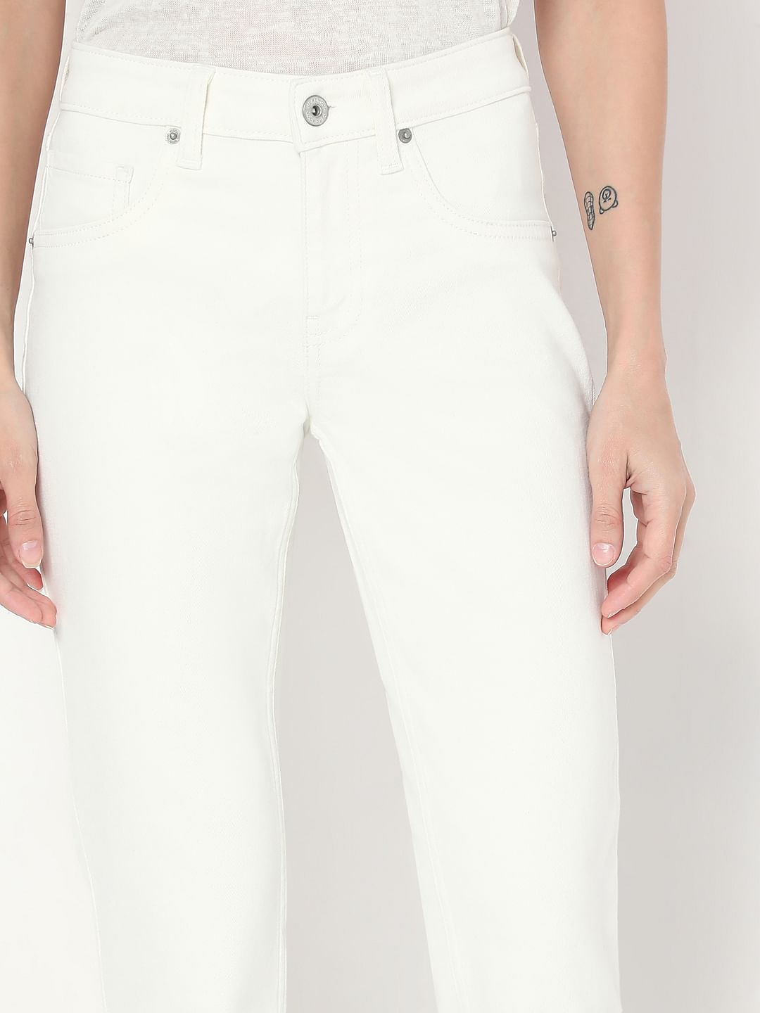 White Mid Rise Straight Fit Jeans