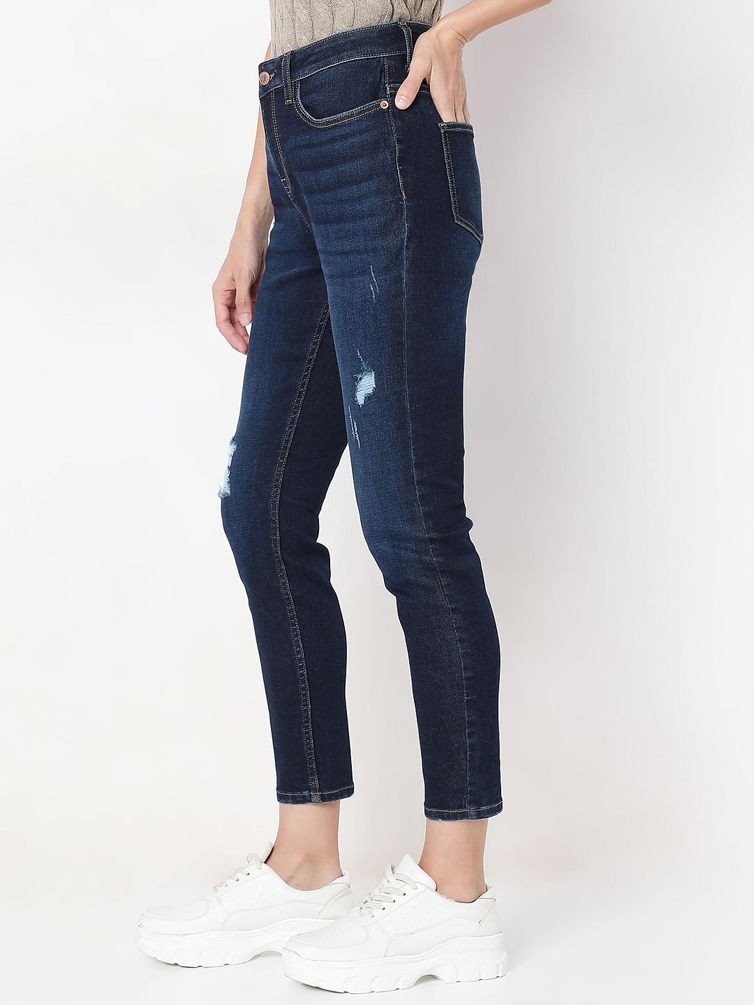 Dark Blue Distressed Skinny Fit Jeans