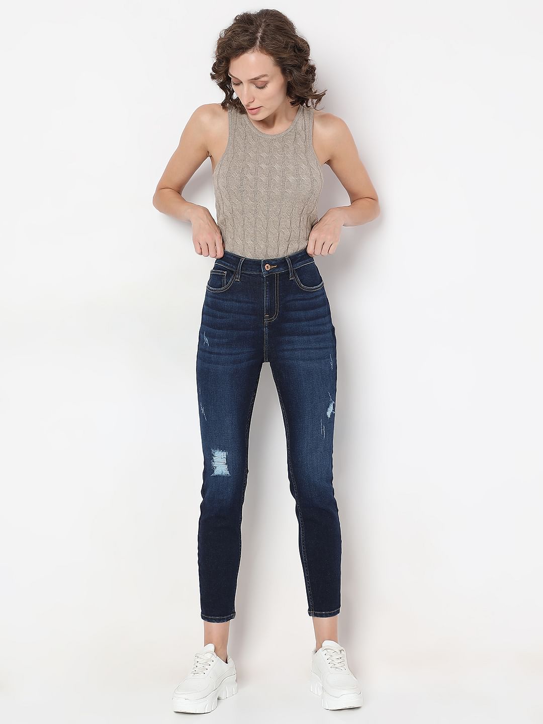 Dark Blue Distressed Skinny Fit Jeans