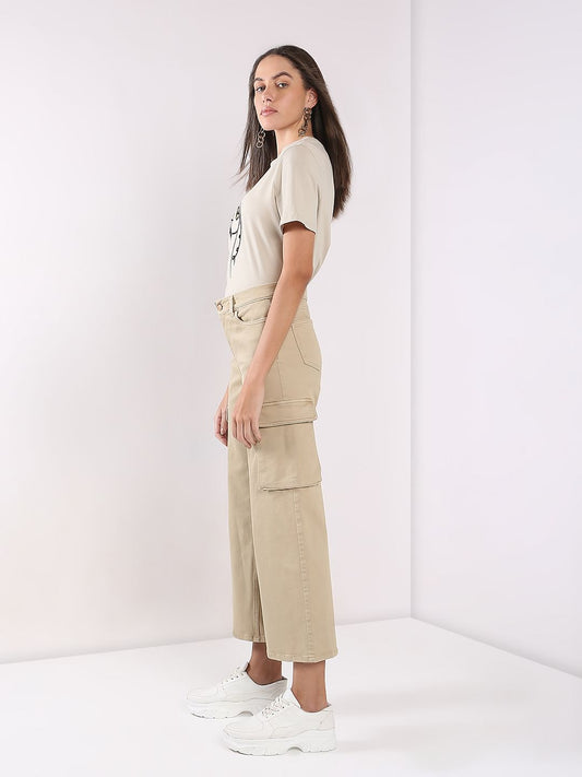 Beige High Rise Wide Leg Jeans