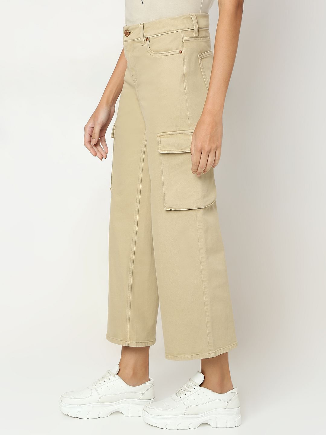 Beige High Rise Wide Leg Jeans