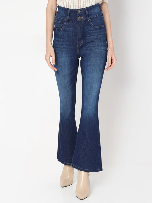 Dark Blue Double Button Bootcut Jeans